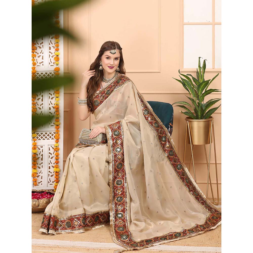 Dress & Dazzle Gold Net Saree with Unstitched Blouse