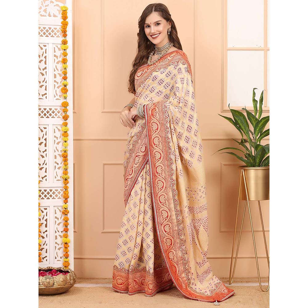 Dress & Dazzle Beige Khadi Georgette Saree with Unstitched Blouse