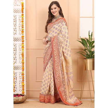 Dress & Dazzle Beige Khadi Georgette Saree with Unstitched Blouse