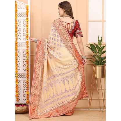Dress & Dazzle Beige Khadi Georgette Saree with Unstitched Blouse