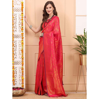 Dress & Dazzle Pink Jacquard Silk Saree with Unstitched Blouse