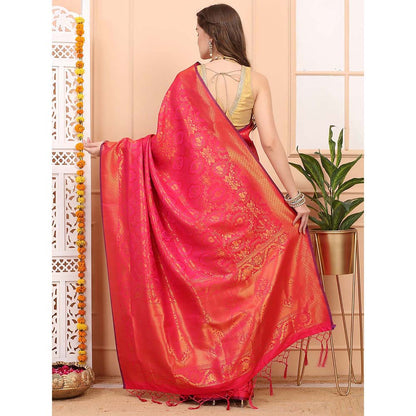 Dress & Dazzle Pink Jacquard Silk Saree with Unstitched Blouse