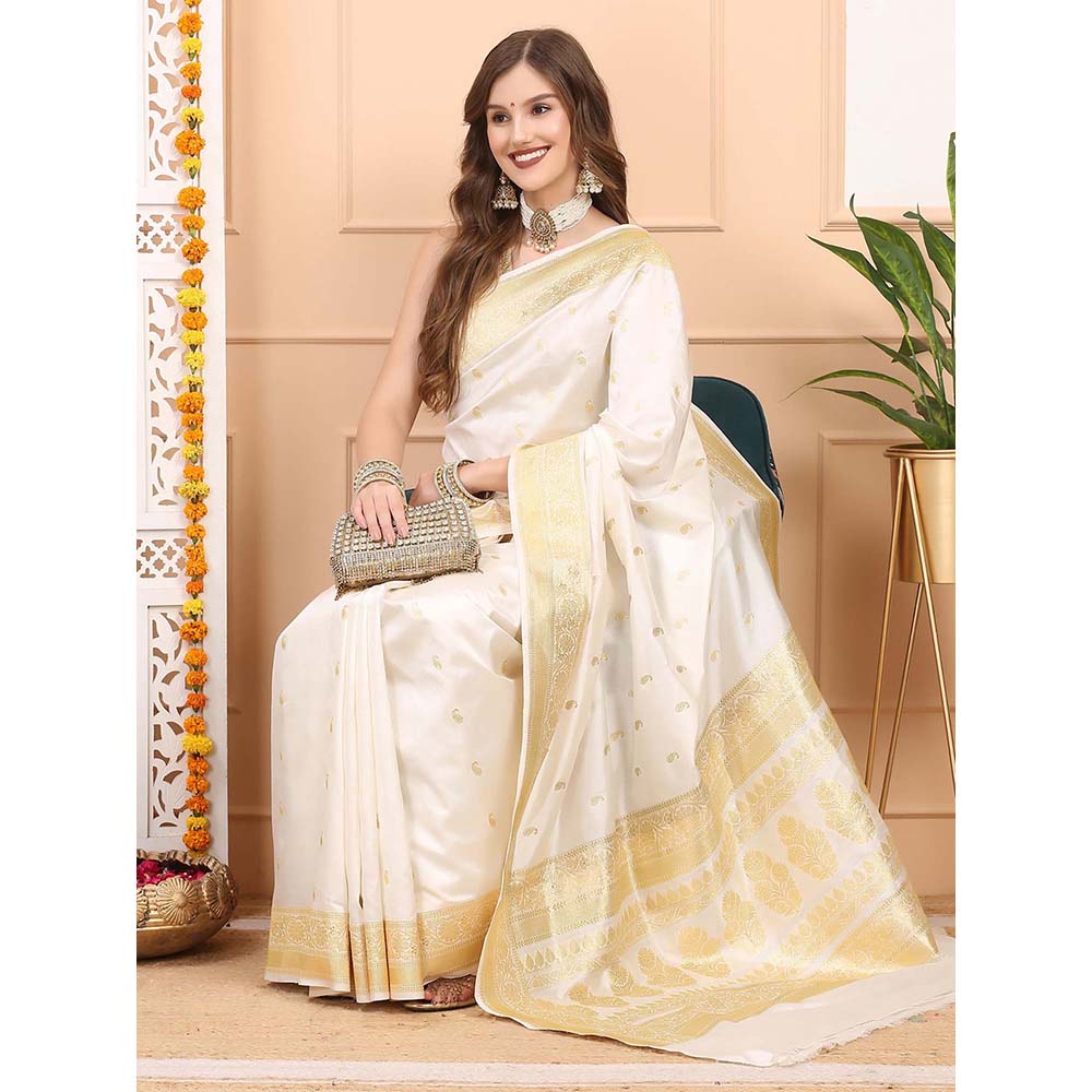 Dress & Dazzle Ivory Cream Katan Silk Saree with Unstitched Blouse