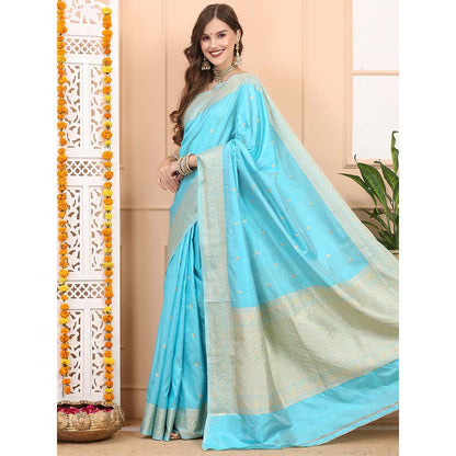 Dress & Dazzle Blue Katan Silk Saree with Unstitched Blouse