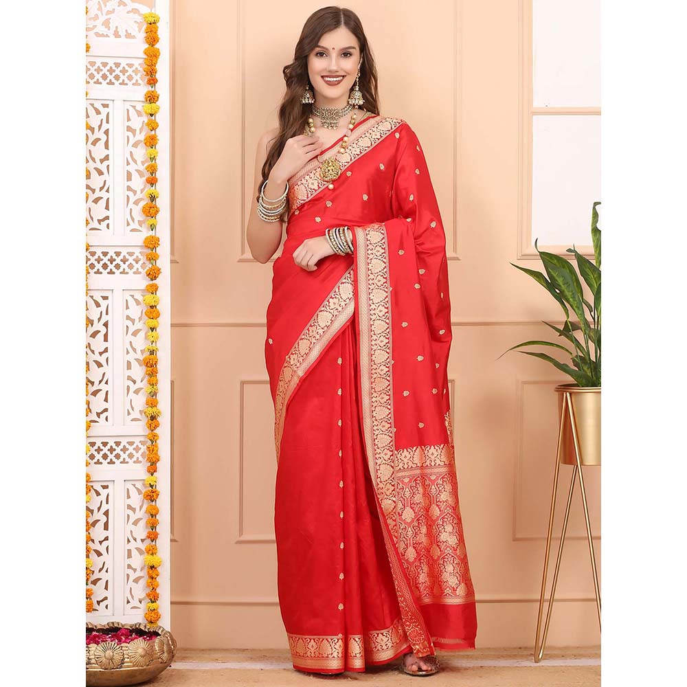Dress & Dazzle Royal Red Katan Silk Saree with Unstitched Blouse