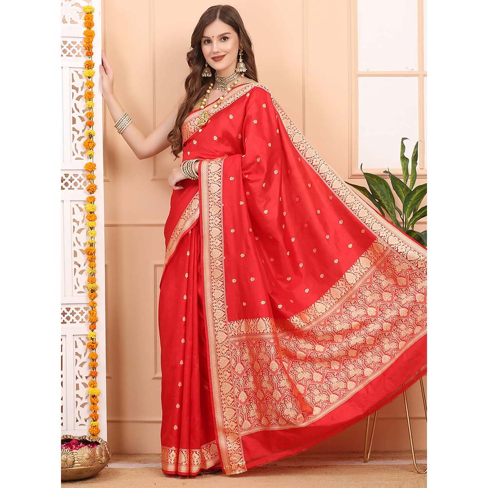 Dress & Dazzle Royal Red Katan Silk Saree with Unstitched Blouse