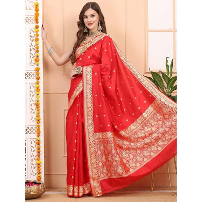 Dress & Dazzle Royal Red Katan Silk Saree with Unstitched Blouse