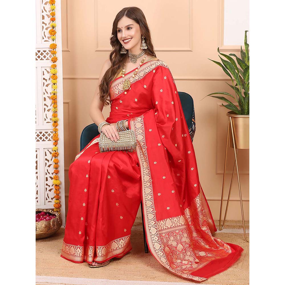 Dress & Dazzle Royal Red Katan Silk Saree with Unstitched Blouse