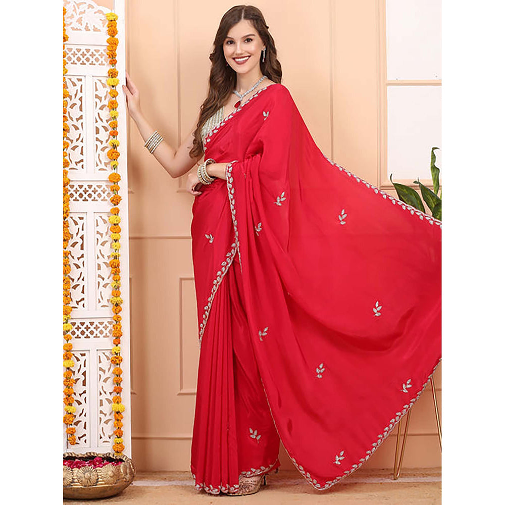 Dress & Dazzle Ruby Red Satin Saree With Unstitched Blouse