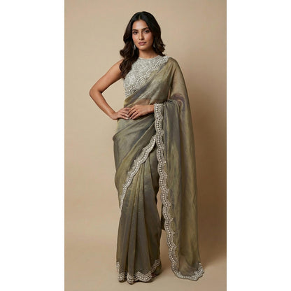 Dress & Dazzle Olive Tissue Saree - Free Size with Unstitched