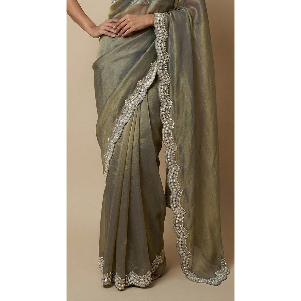 Dress & Dazzle Olive Tissue Saree - Free Size with Unstitched