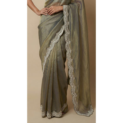 Dress & Dazzle Olive Tissue Saree - Free Size with Unstitched