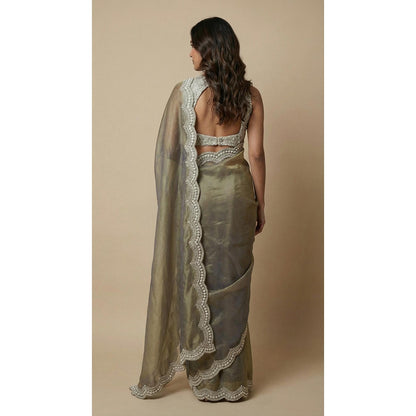 Dress & Dazzle Olive Tissue Saree - Free Size with Unstitched