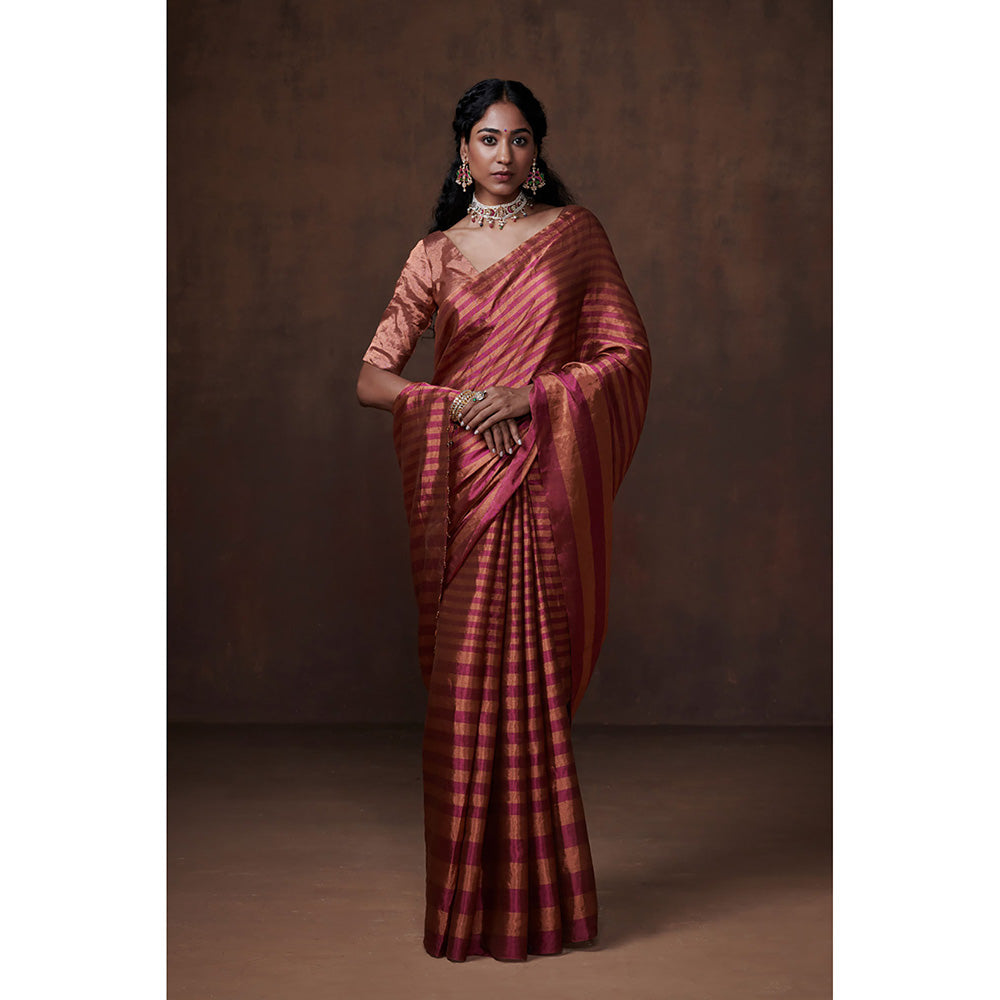 Dressfolk Handwoven Magenta & Copper Stripes Tissue Saree & Glass Beads Metal Charm with Blouse