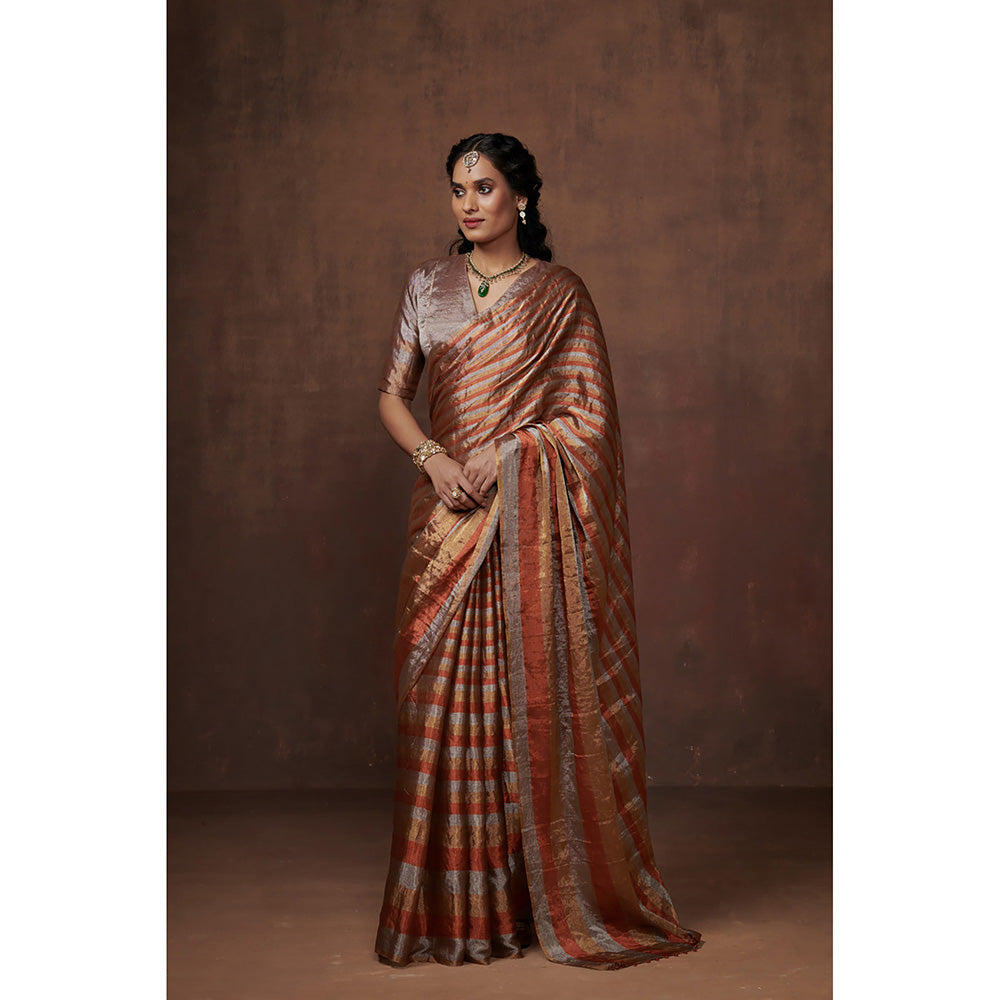 Dressfolk Handwoven Silver, Gold & Copper Stripes Tissue Saree with Glass Beads Charm withBlouse