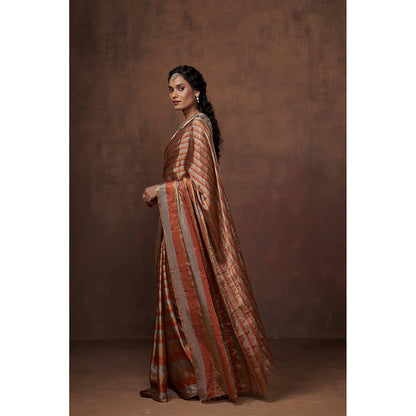 Dressfolk Handwoven Silver, Gold & Copper Stripes Tissue Saree with Glass Beads Charm withBlouse