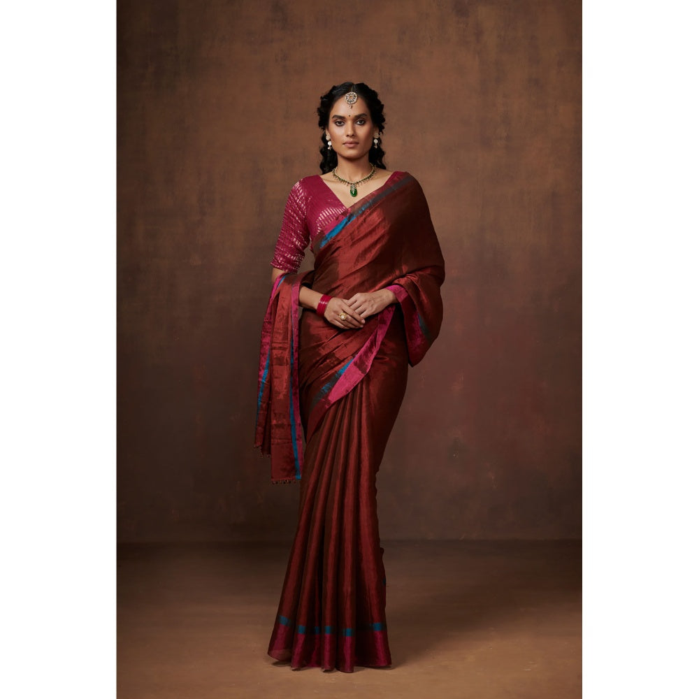 Handwoven Maroon Zari, Bright Firozi and Fuschia Pink Zari Border Tissue Saree with Matching Blouse