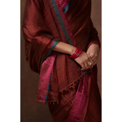 Handwoven Maroon Zari, Bright Firozi and Fuschia Pink Zari Border Tissue Saree with Matching Blouse