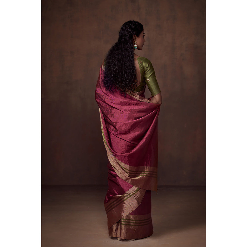 Dressfolk Handwoven Deep Pink with Gold & Olive Green Zari Border, Glass Beads Detail with Blouse
