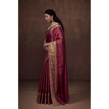 Dressfolk Handwoven Deep Pink with Gold & Olive Green Zari Border, Glass Beads Detail with Blouse