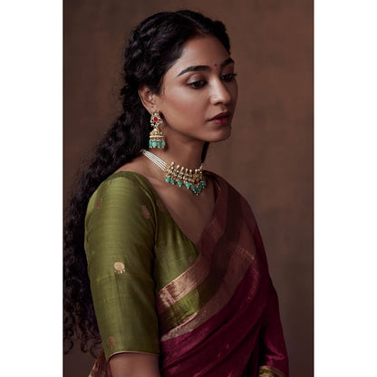 Dressfolk Handwoven Deep Pink with Gold & Olive Green Zari Border, Glass Beads Detail with Blouse