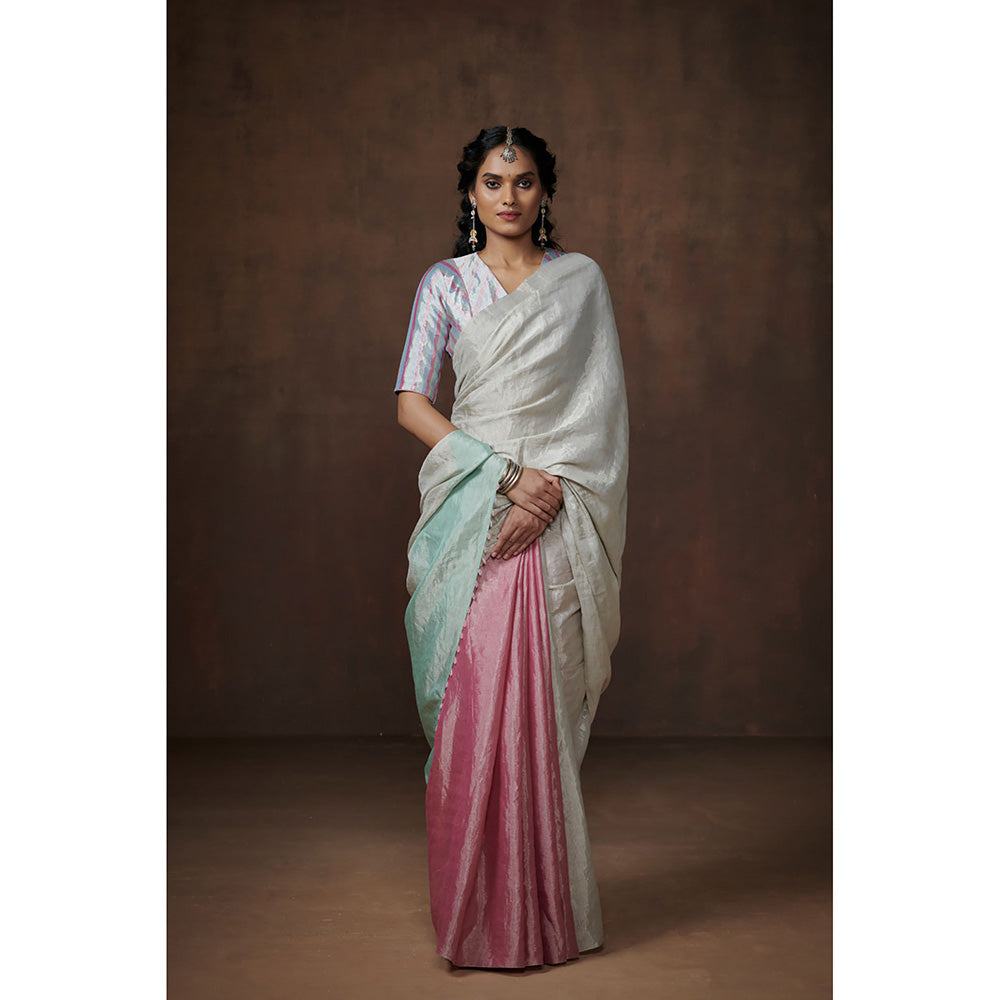 Dressfolk Handwoven Light Pink & Silver with Aqua Coloured Palla Tissue Saree with Blouse Fabric