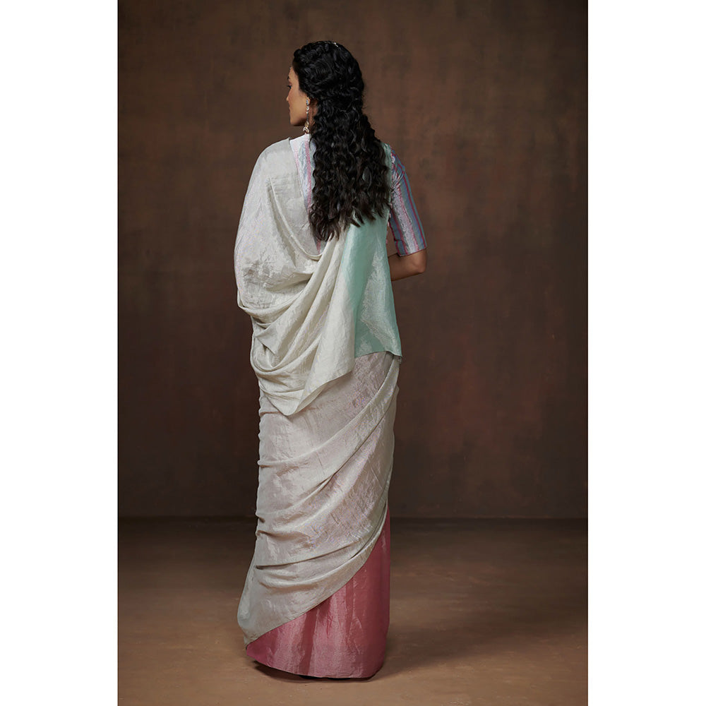 Dressfolk Handwoven Light Pink & Silver with Aqua Coloured Palla Tissue Saree with Blouse Fabric