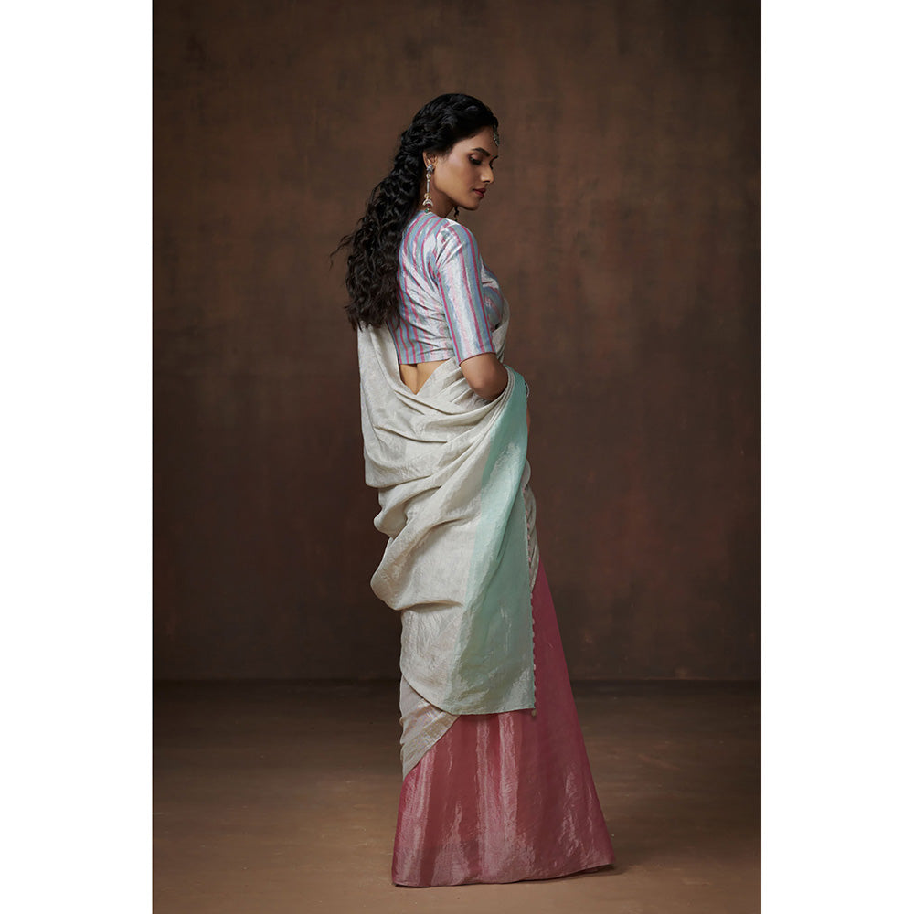 Dressfolk Handwoven Light Pink & Silver with Aqua Coloured Palla Tissue Saree with Blouse Fabric