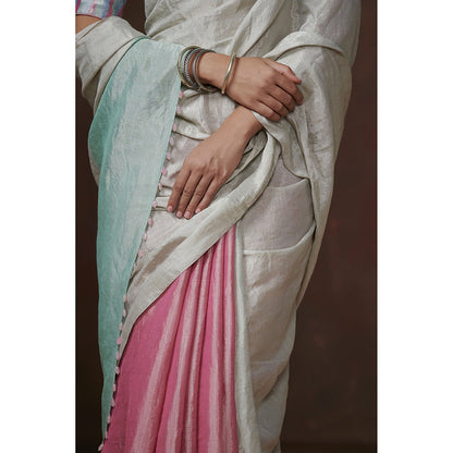 Dressfolk Handwoven Light Pink & Silver with Aqua Coloured Palla Tissue Saree with Blouse Fabric