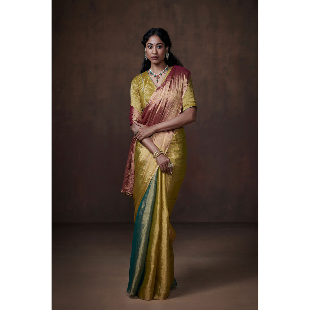 Dressfolk Handwoven Teal, Lime & Rust Tissue Saree with Glass Bead Detailing & Blouse Fabric