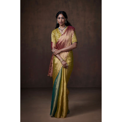 Dressfolk Handwoven Teal, Lime & Rust Tissue Saree with Glass Bead Detailing & Blouse Fabric