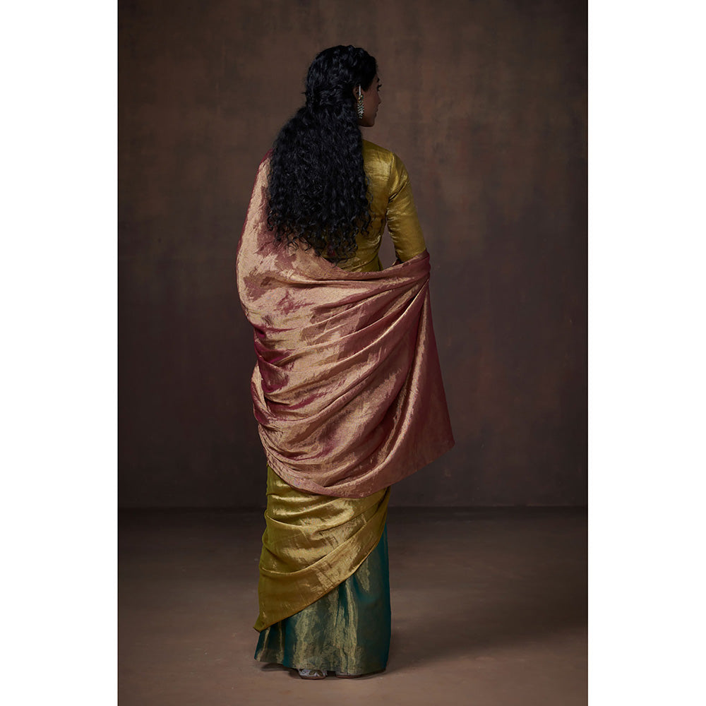 Dressfolk Handwoven Teal, Lime & Rust Tissue Saree with Glass Bead Detailing & Blouse Fabric