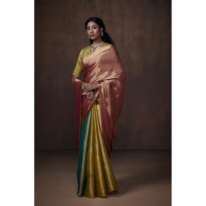Dressfolk Handwoven Teal, Lime & Rust Tissue Saree with Glass Bead Detailing & Blouse Fabric