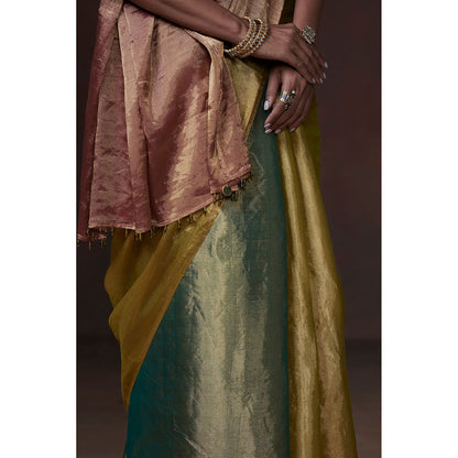 Dressfolk Handwoven Teal, Lime & Rust Tissue Saree with Glass Bead Detailing & Blouse Fabric