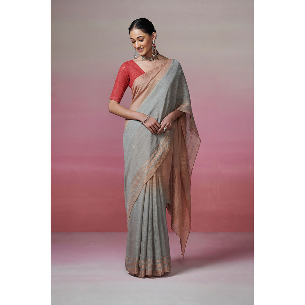 Dressfolk Handwoven 100% Linen Gold & Grey Elegance Saree With Metallic Zari Border & Palla