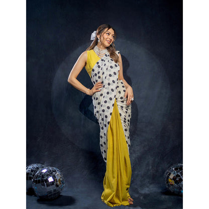 Dressfolk Handloom Yellow and Ivory with Printed Black Polka Dot Handloom 100% Pure Cotton Saree