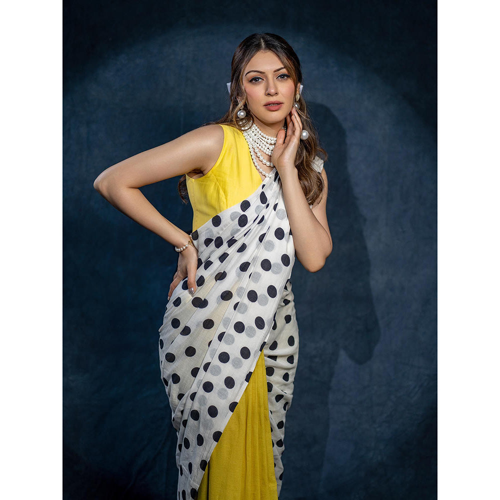 Dressfolk Handloom Yellow and Ivory with Printed Black Polka Dot Handloom 100% Pure Cotton Saree
