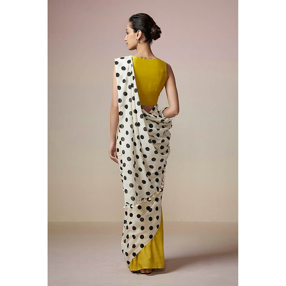 Dressfolk Handloom Yellow and Ivory with Printed Black Polka Dot Handloom 100% Pure Cotton Saree