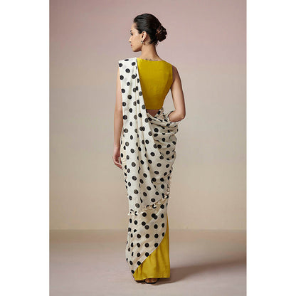 Dressfolk Handloom Yellow and Ivory with Printed Black Polka Dot Handloom 100% Pure Cotton Saree