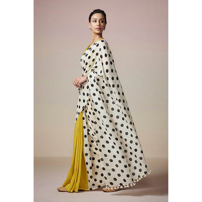 Dressfolk Handloom Yellow and Ivory with Printed Black Polka Dot Handloom 100% Pure Cotton Saree