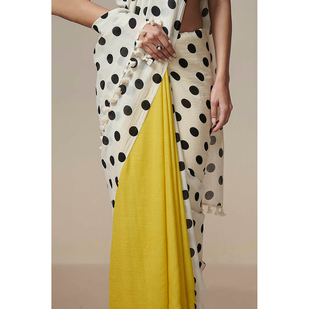 Dressfolk Handloom Yellow and Ivory with Printed Black Polka Dot Handloom 100% Pure Cotton Saree