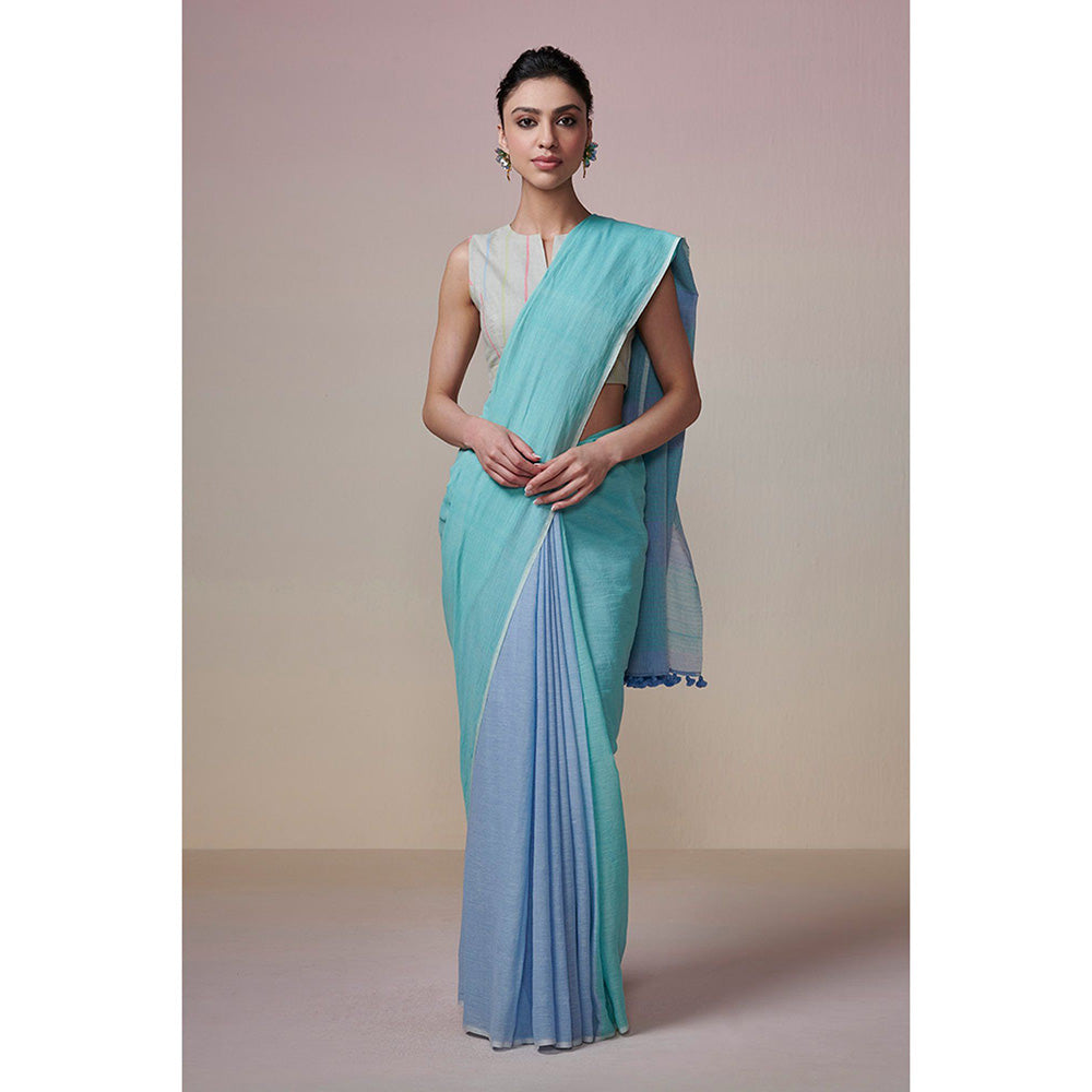 Dressfolk Handwoven Turquoise and Ink Blue Handloom 100% Pure Cotton Saree with Tassel Border