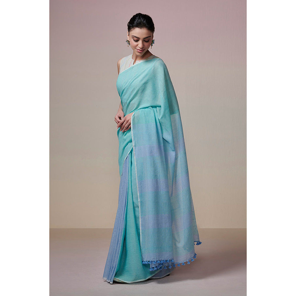 Dressfolk Handwoven Turquoise and Ink Blue Handloom 100% Pure Cotton Saree with Tassel Border