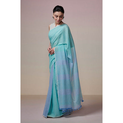Dressfolk Handwoven Turquoise and Ink Blue Handloom 100% Pure Cotton Saree with Tassel Border