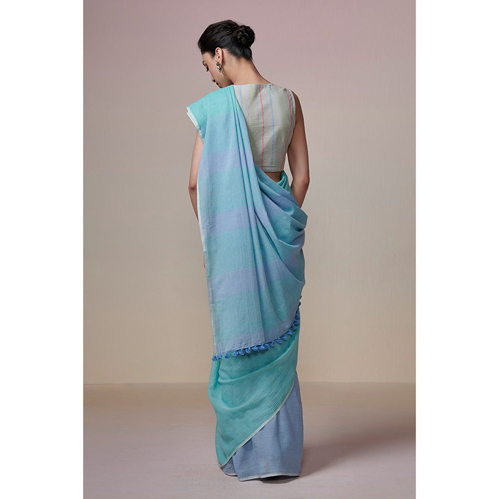 Dressfolk Handwoven Turquoise and Ink Blue Handloom 100% Pure Cotton Saree with Tassel Border
