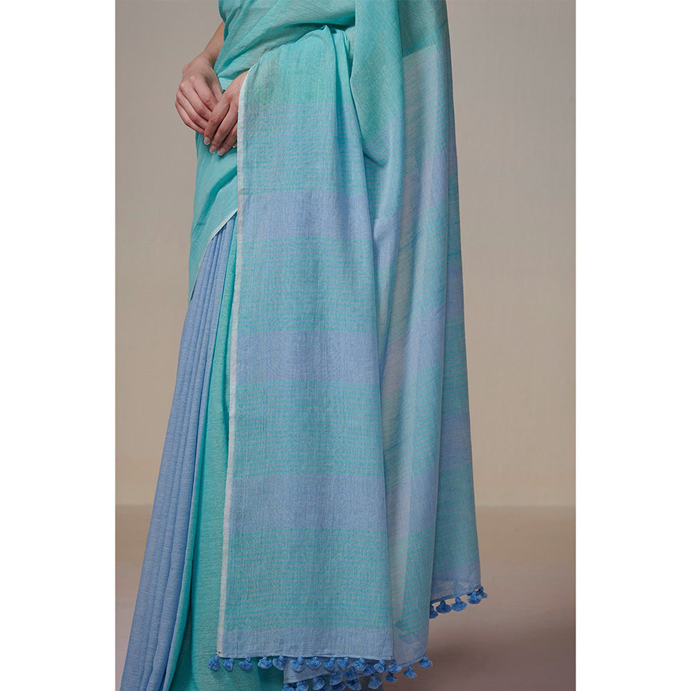 Dressfolk Handwoven Turquoise and Ink Blue Handloom 100% Pure Cotton Saree with Tassel Border