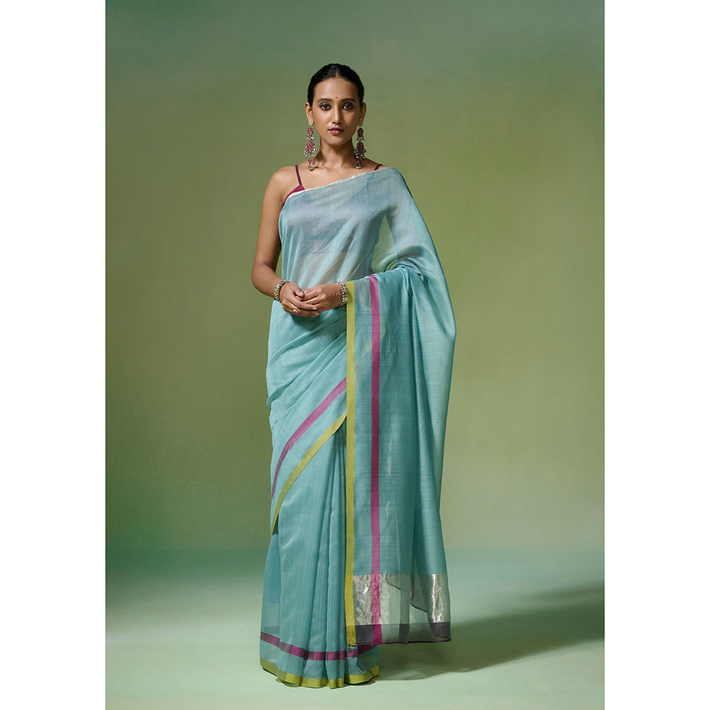 Dressfolk Handloom Chanderi Aqua Blue With Magenta And Lime Stripe Saree with Unstitched Blouse