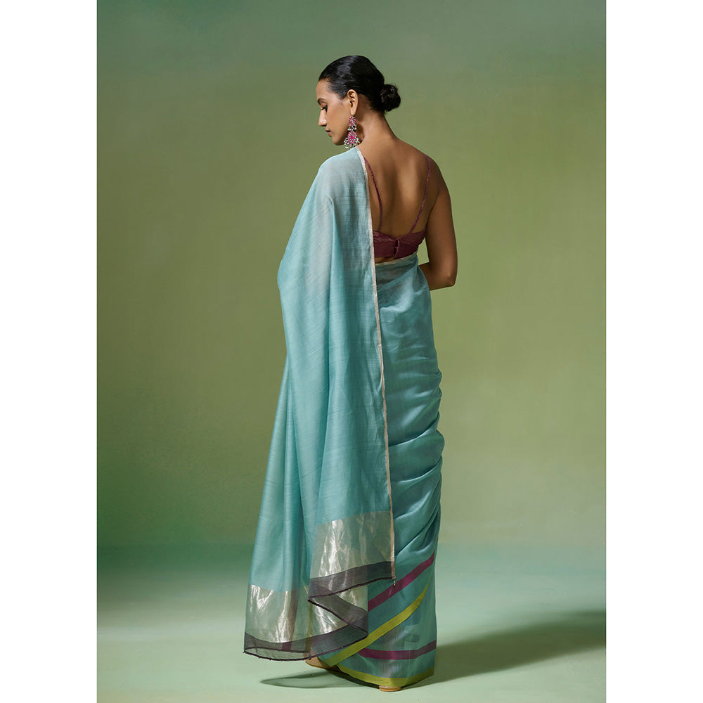 Dressfolk Handloom Chanderi Aqua Blue With Magenta And Lime Stripe Saree with Unstitched Blouse