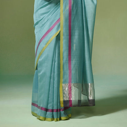 Dressfolk Handloom Chanderi Aqua Blue With Magenta And Lime Stripe Saree with Unstitched Blouse