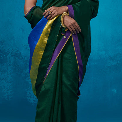 Dressfolk Handloom Chanderi Dark Green With Gold Zari Work Saree with Unstitched Blouse